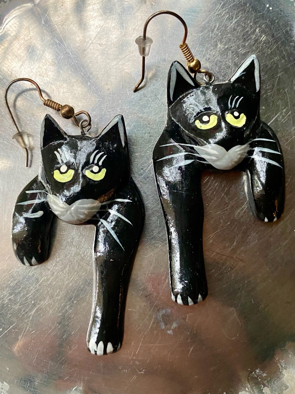Hand-painted  Black Cat Kitty wood (?) dangle Earrings